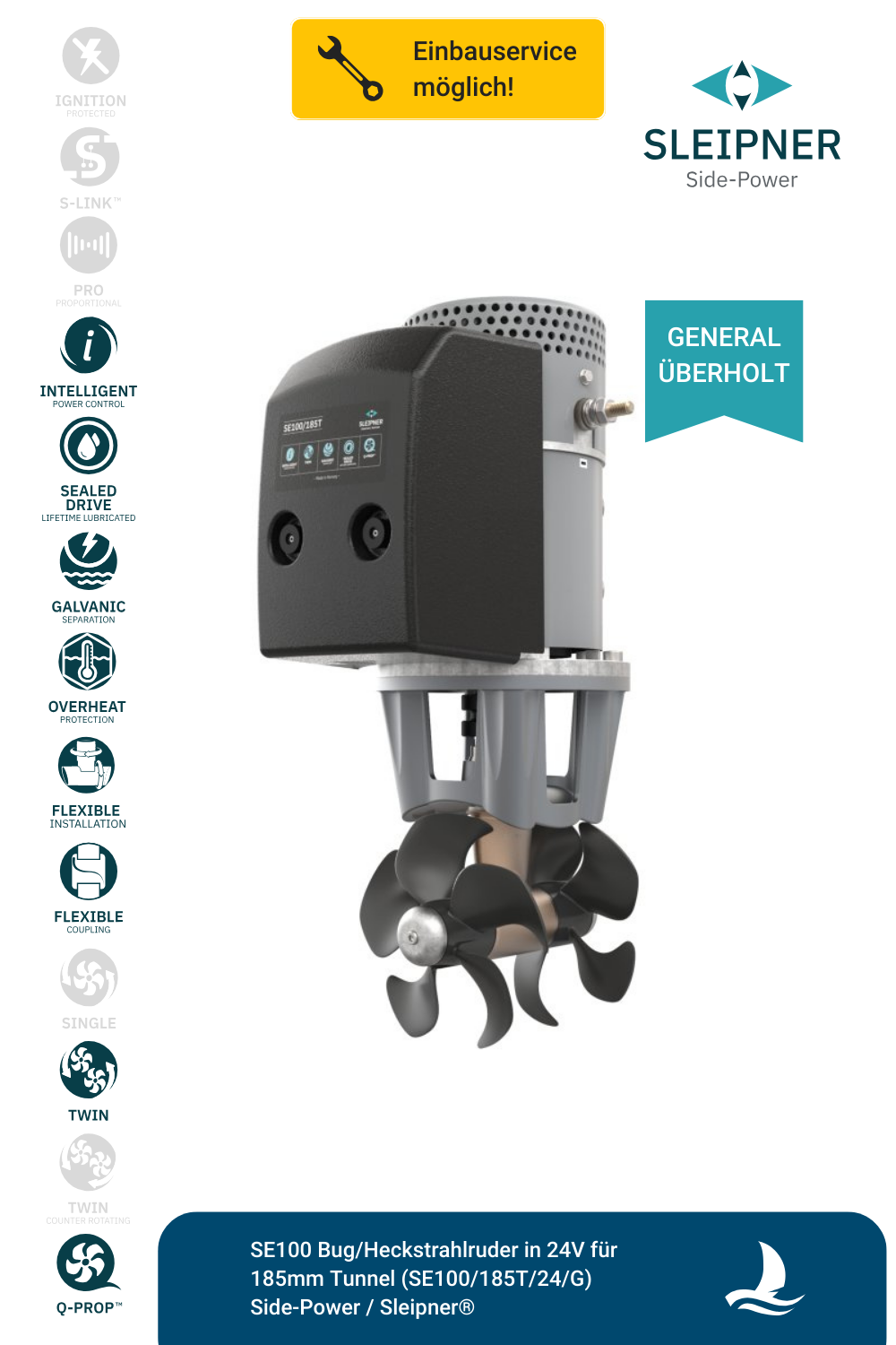 Sleipner® SE100 Bug/Heckstrahlruder 24V für Ø185mm Tunnel (SE100/185T/24/G) *generalüberholt*