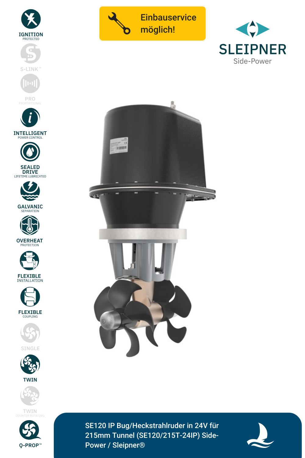 SE120 IP Bug/Heckstrahlruder in 24V für 215mm Tunnel (SE120/215T-24IP) Side-Power / Sleipner®