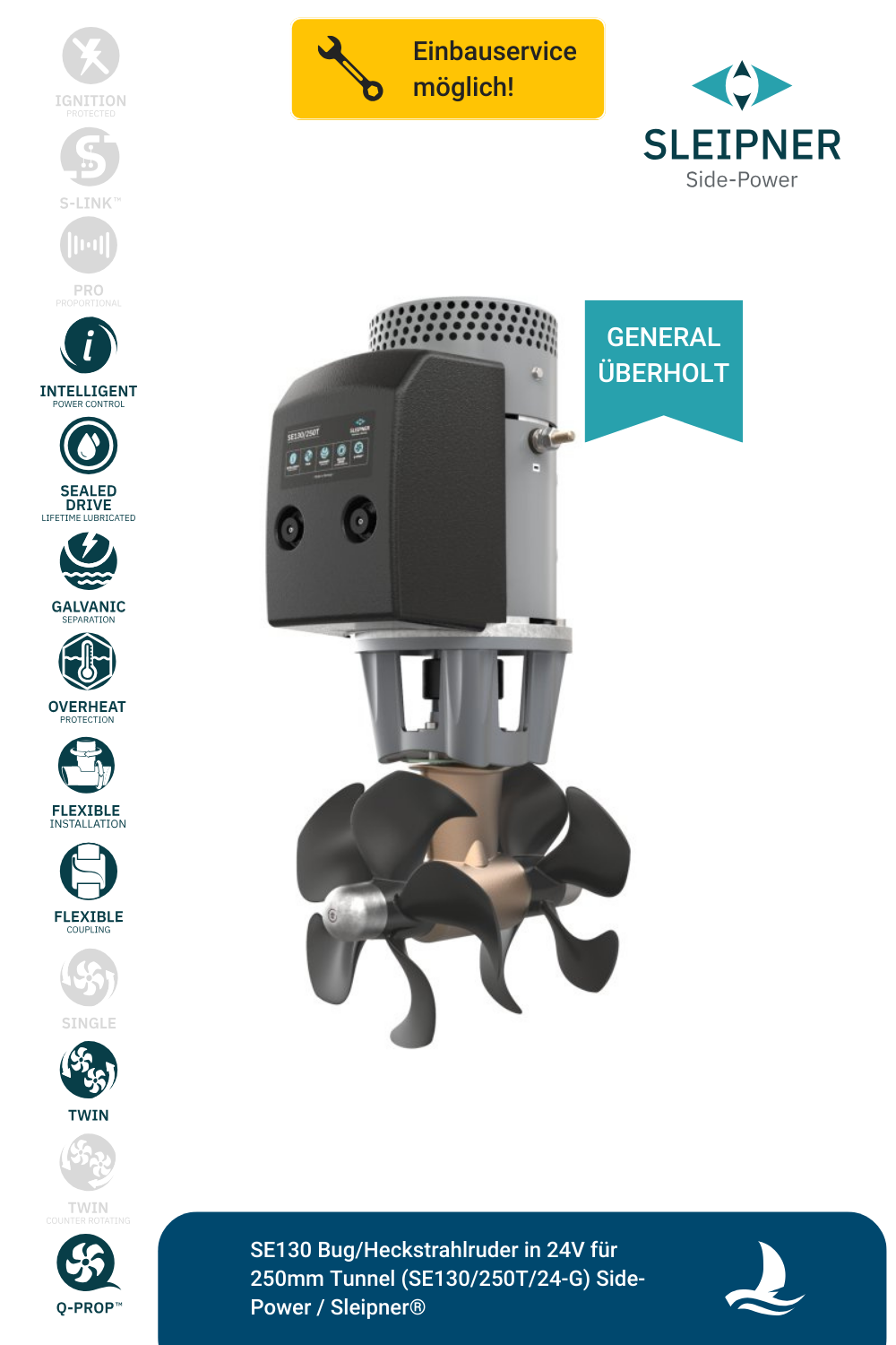 Sleipner® SE130 Bug/Heckstrahlruder 24V für Ø250mm Tunnel (SE130/250T-24V) *generalüberholt*