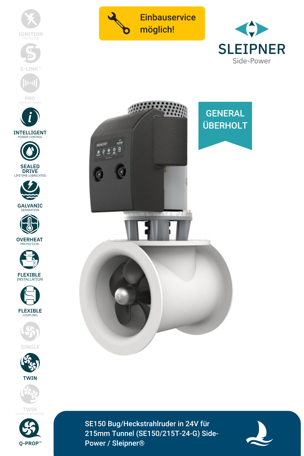 Sleipner® SE150 Bug/Heckstrahlruder 24V für Ø250mm Tunnel (SE150/215T-24V) *generalüberholt*