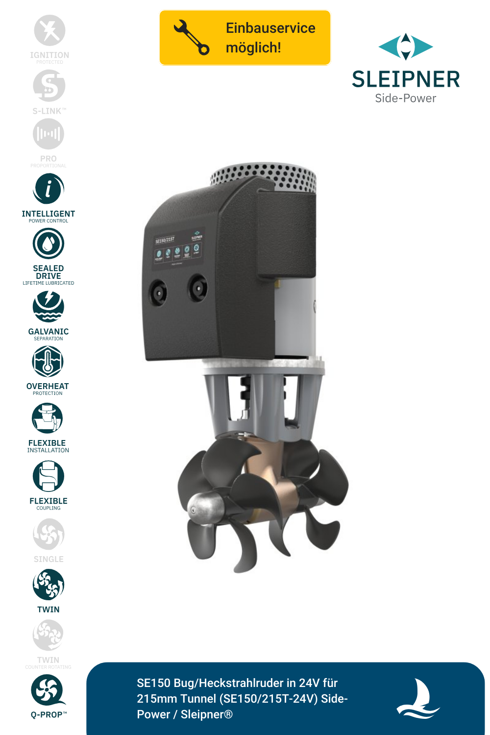 SE150 Bug/Heckstrahlruder in 24V für 215mm Tunnel (SE150/215T-24V) Side-Power / Sleipner®