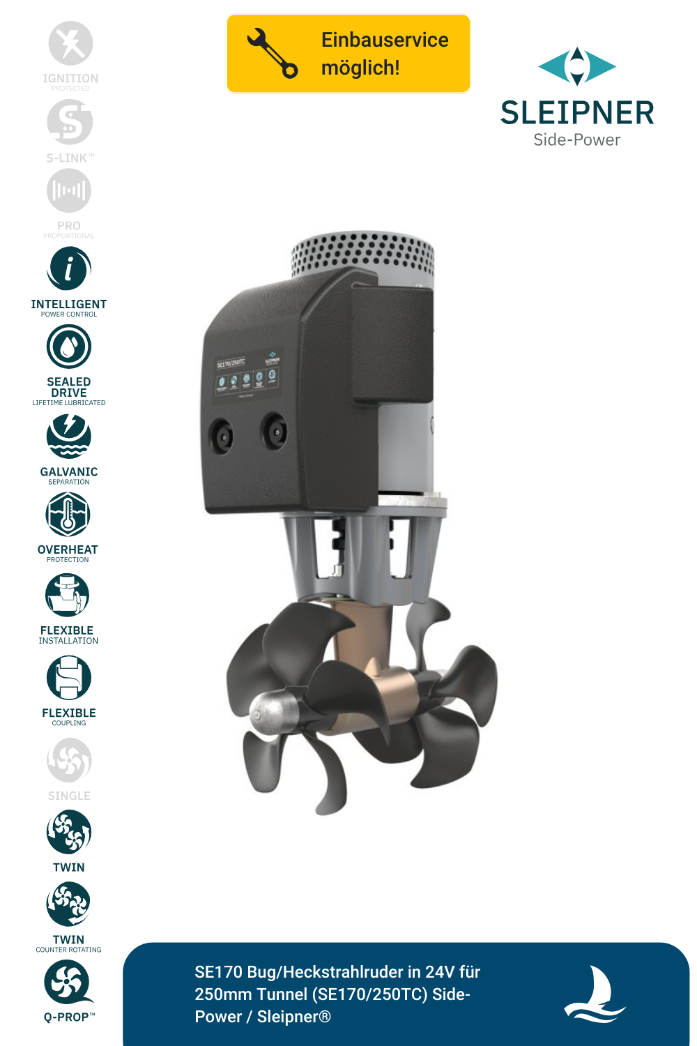 SE170 Bug/Heckstrahlruder in 24V für 250mm Tunnel (SE170/250TC) Side-Power / Sleipner®