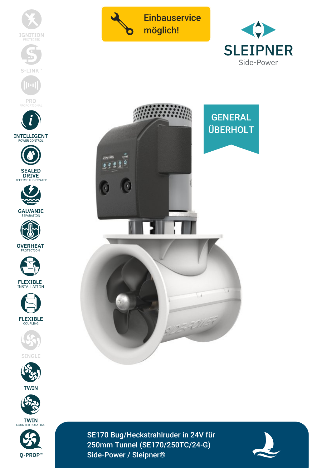 Sleipner® SE170 Bug/Heckstrahlruder 24V für Ø250mm Tunnel (SE170/250TC) *generalüberholt*