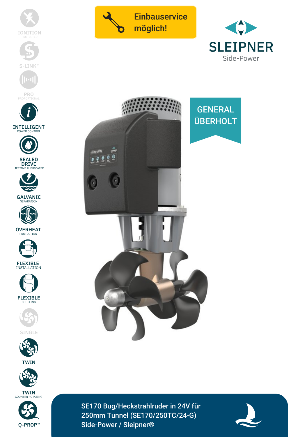 Sleipner® SE170 Bug/Heckstrahlruder 24V für Ø250mm Tunnel (SE170/250TC) *generalüberholt*