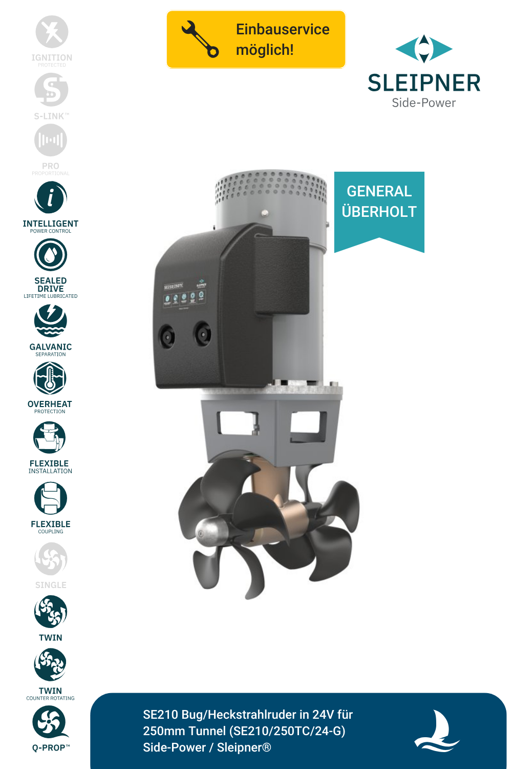 Sleipner® SE210 Bug/Heckstrahlruder 24V für Ø250mm Tunnel (SE210/250TC) *generalüberholt*