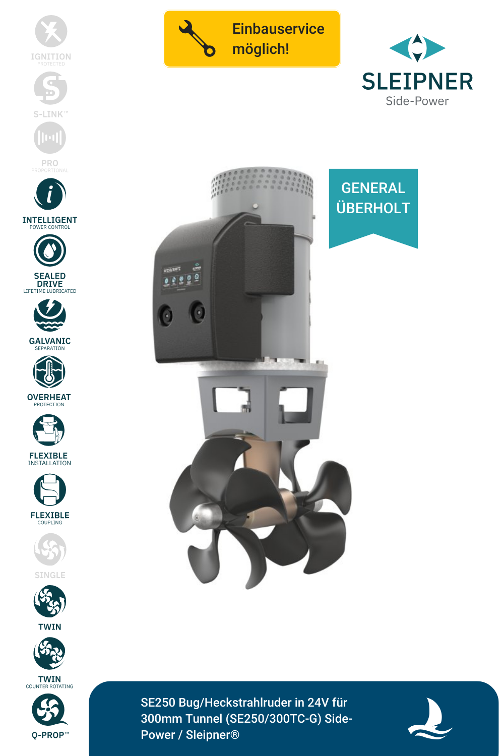 Sleipner® SE250 Bug/Heckstrahlruder in 24V für Ø300mm Tunnel (SE250/300TC-G) *generalüberholt*