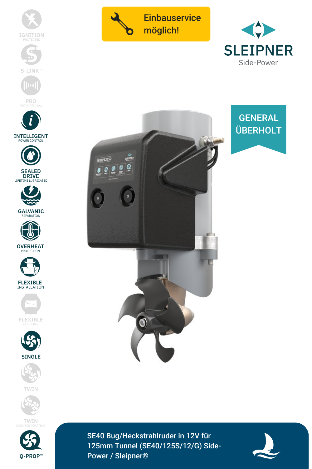 Sleipner® SE40 Bug/Heckstrahlruder 12V für Ø125mm Tunnel (SE40/125S2) *generalüberholt*