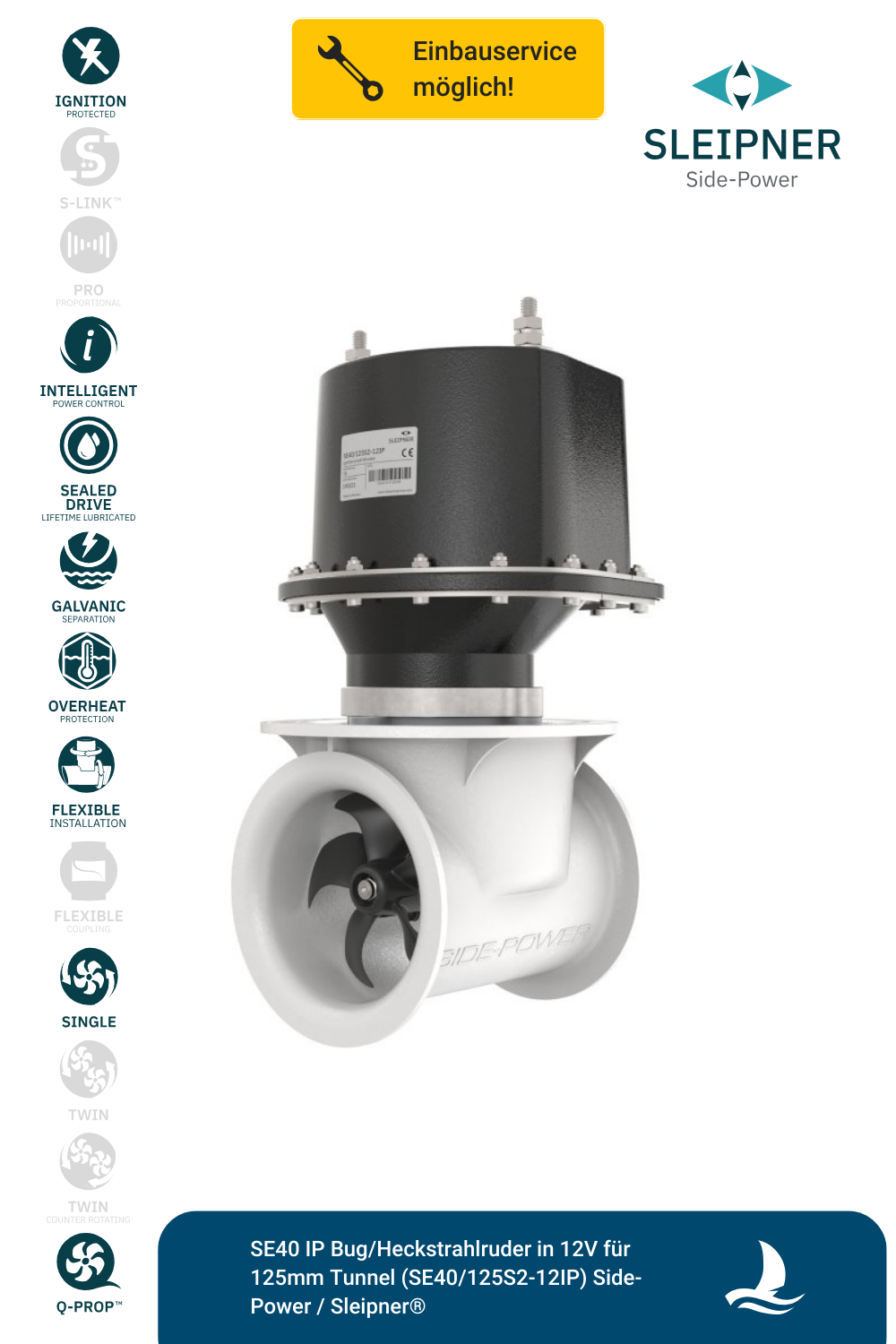 SE40 IP Bug/Heckstrahlruder in 12V für 125mm Tunnel (SE40/125S2-12IP) Side-Power / Sleipner®