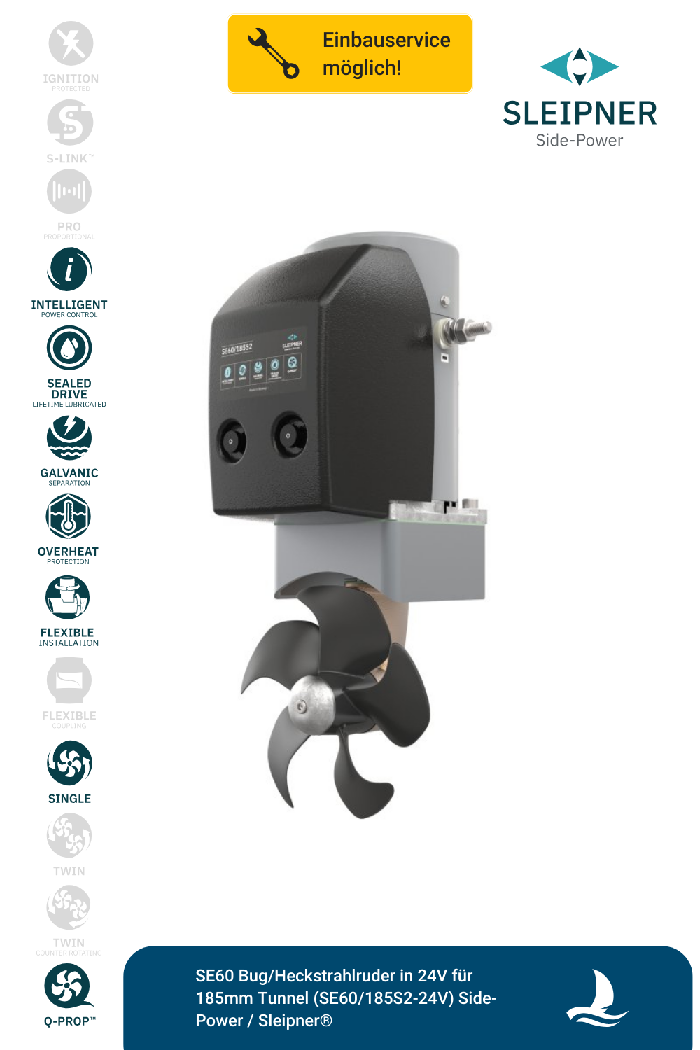SE60 Bug/Heckstrahlruder in 24V für 185mm Tunnel (SE60/185S2-24V) Side-Power / Sleipner®