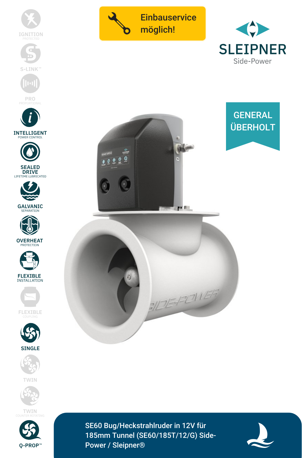 Sleipner® SE60 Bug/Heckstrahlruder 12V für Ø185mm Tunnel (SE60/185S2-12V) Side-Power *generalüberholt*