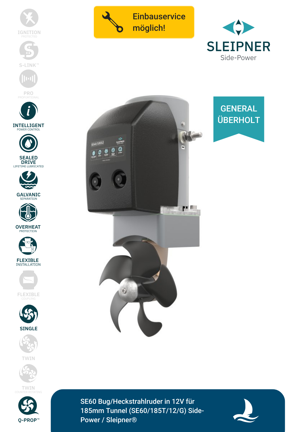 Sleipner® SE60 Bug/Heckstrahlruder 12V für Ø185mm Tunnel (SE60/185S2-12V) Side-Power *generalüberholt*