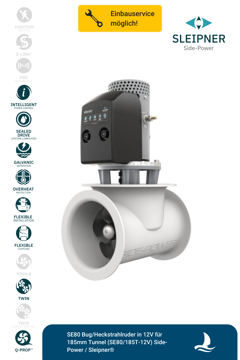 SE80 Bug/Heckstrahlruder in 12V für 185mm Tunnel (SE80/185T-12V) Side-Power / Sleipner®