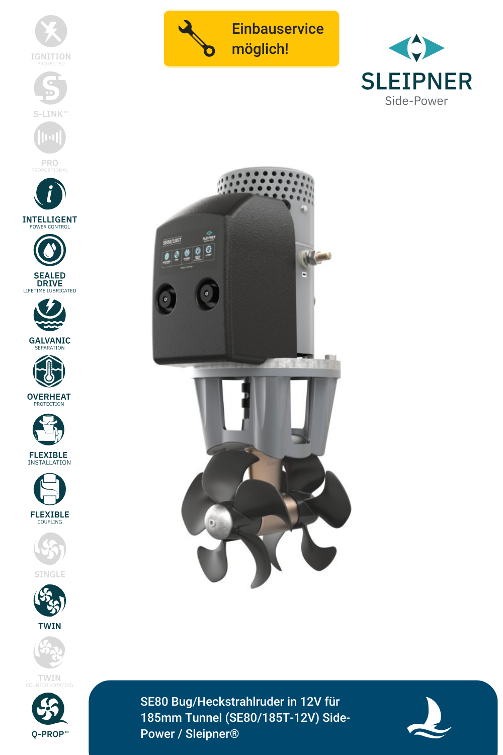 SE80 Bug/Heckstrahlruder in 12V für 185mm Tunnel (SE80/185T-12V) Side-Power / Sleipner®