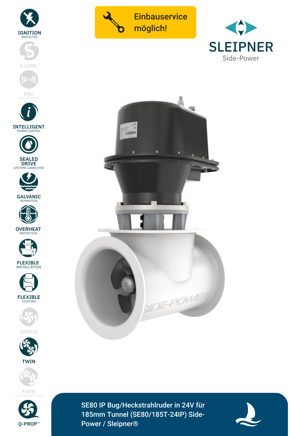 SE80 IP Bug/Heckstrahlruder in 24V für 185mm Tunnel (SE80/185T-24IP) Side-Power / Sleipner®
