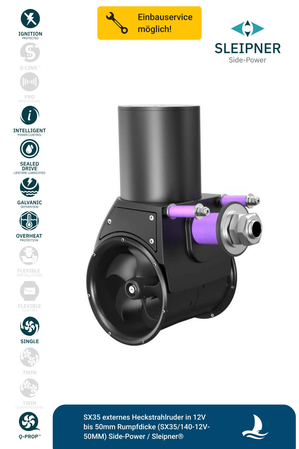 Sleipner® externes Heckstrahlruder SX35 in 12V I bis 50mm Rumpfdicke (SX35/140-12V-150mm-2)